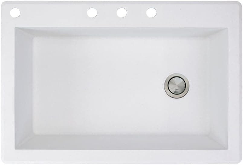 Transolid RTSS3322-01-CABD Radius Granite 4-Hole Drop-in Single-Bowl Kitchen Sink, 33" x 22" x 9", White
