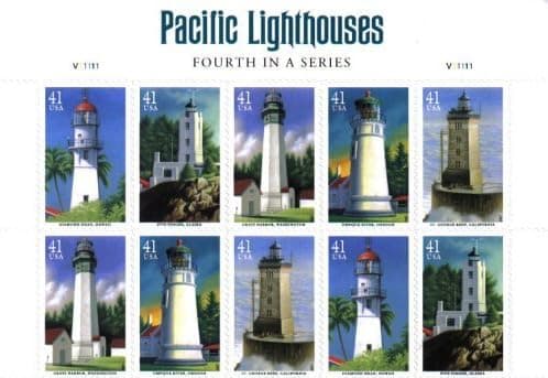 2007 PACIFIC LIGHTHOUSES ~ DIAMOND HEAD ~ FIVE FINGER ~ GRAYS HARBOR ~ UMPQUA RIVER ~ GEORGE REEF #4150a Plate Block of 10 x 41¢ US Postage Stamps