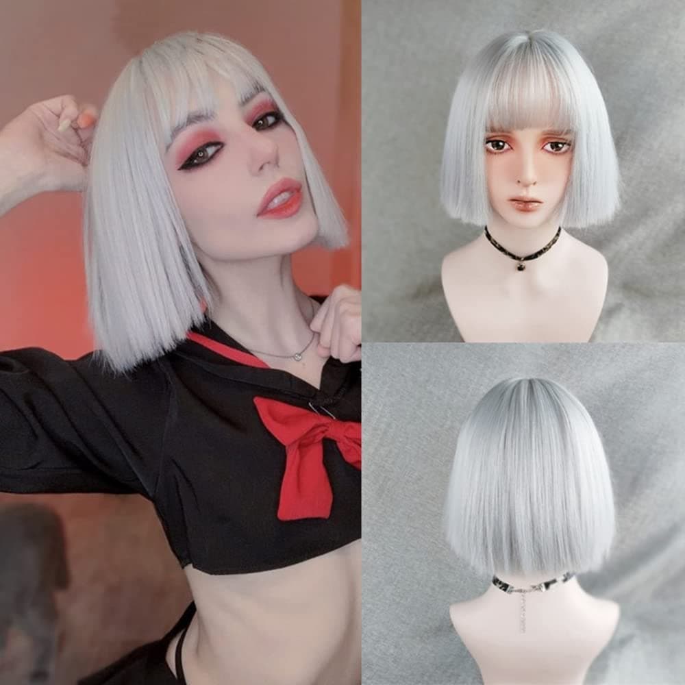 ELLORS Silber Weiss Bob Wig for Women,Short Straight Wigs, Lolita Wigs 10 Inch Synthetic Shoulder Length Wig,Heat Resistant Synthetic Party Costume Cosplay Wig for Girls Daily Wear Colorful Wigs
