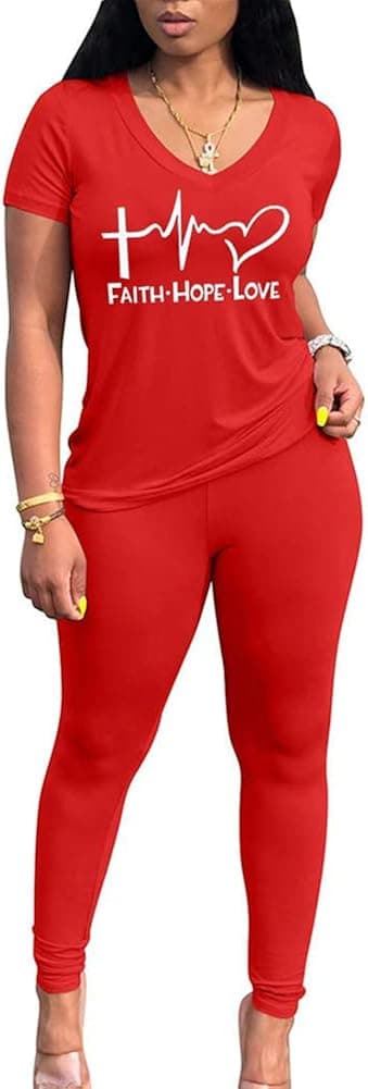 THLAI Women Letter Print 2 Piece Outfits Short Sleeve Tshirt Top and Long Gradient Pants Tracksuits Jogging Sets S-3XL