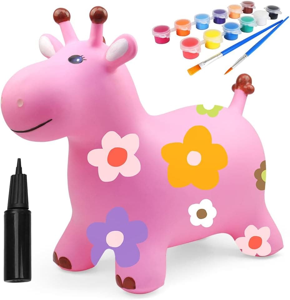 orangutangroove Pink Giraffe Hopper,DIY Craft Inflatable Bouncy Hopper Kit,Bouncy Animals for Toddlers,Ride On Jumping Animal Toys for Children,Boys and Girls,Horse Hopper with Pump,Paints & Brushes.