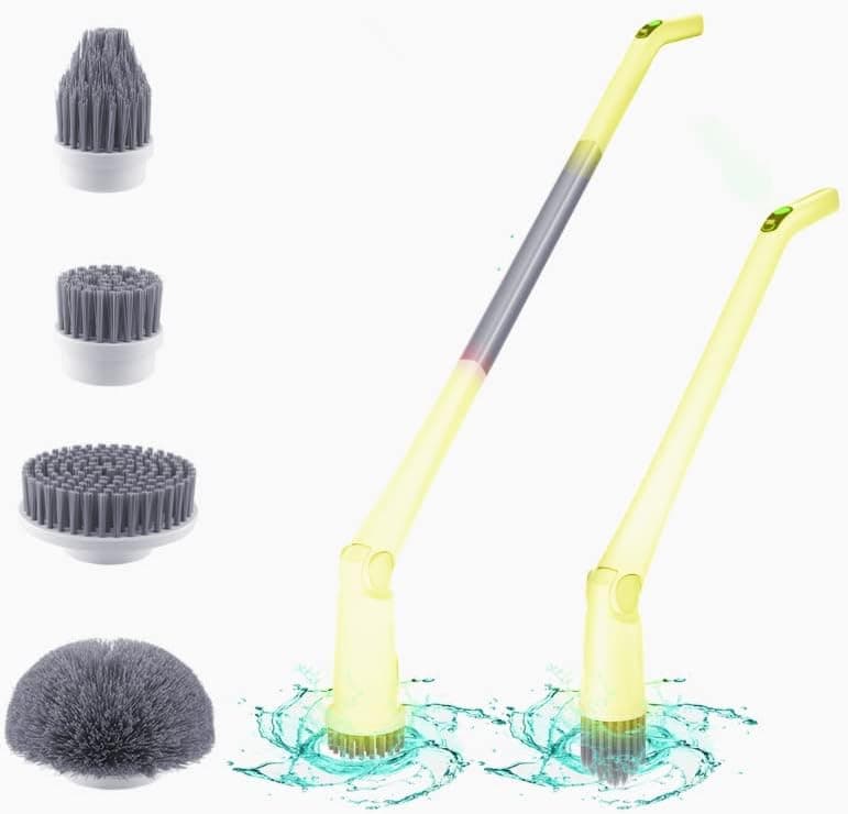 Electric Spin Scrubber, Rechargeable Cordless Bath Tub Power Scrubber with 4 Replaceable Brush Head,Adjustable Extension Handle, Power Cleaning Brush for Bathroom, Floor Tile, Car (Feathers, Yellow)