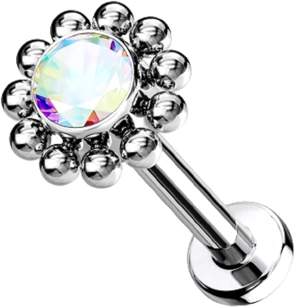 Pierced Owl - 16-18G G23 Implant Grade Titanium Threadless Push-In CZ Crystal Center Flower with Beaded Edge Flat Back Lip Cartilage Ear Stud