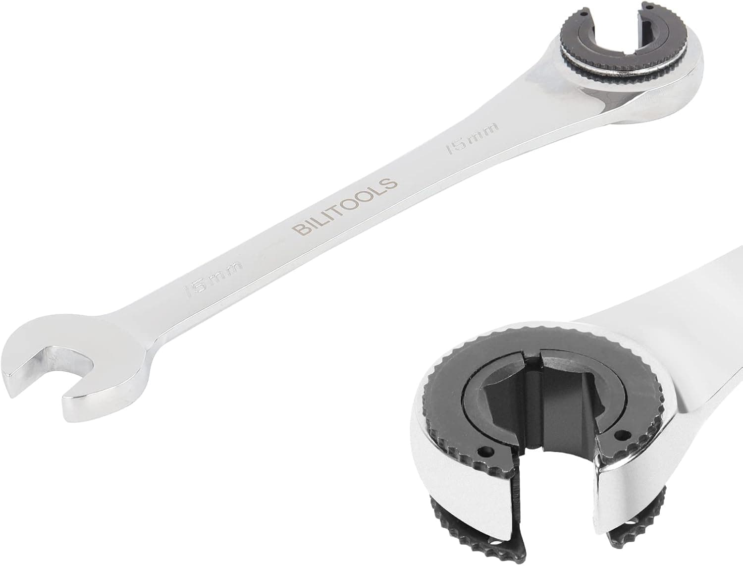 BILITOOLS 15mm Ratcheting Line Wrench, Ratchet Flare Nut Tubing Wrench, CR-V Steel, 72 Tooth