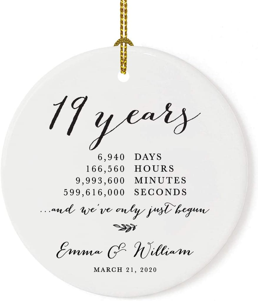 Andaz Press Personalized Name Round Porcelain Ceramic 19th Wedding Anniversary Christmas Tree Ornament Gift, 19 Years, 6940 Days, 166560 Hours, 9993600 Minutes, 599616000 Seconds, 1-Pack