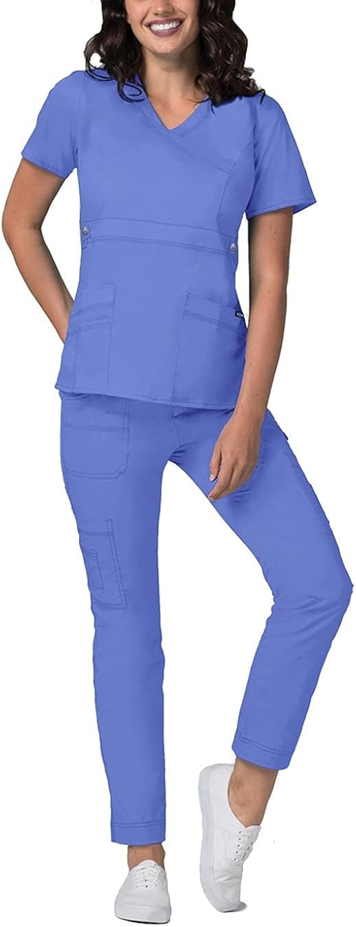 Adar Active Classic Scrub Set for Women - Crossover Top and Multi Pocket Pants