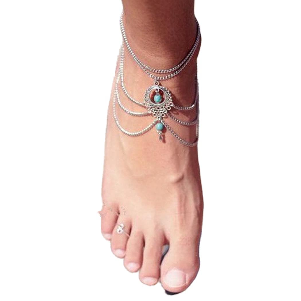 Yean Boho Turquoise Anklets Silver Layered Anklet Bracelet Vintage Foot Jewelry for Women and Girls