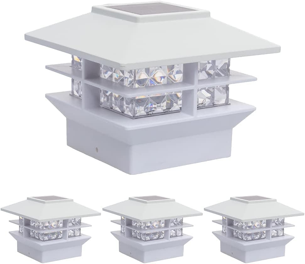 GreenLighting Executive Two Tier 12 Lumen Solar Post Cap Lights - LED Fence Solar Post Lights Outdoor Waterproof - Solar Deck Post Lights Solar Powered 4x4 Post Caps (White, 4 Pack)