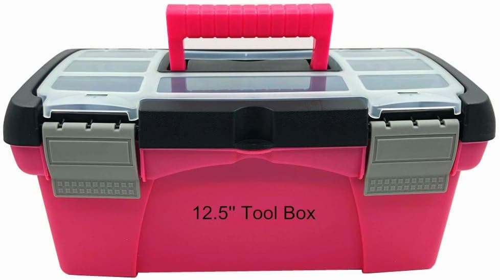 Sunxenze 12.5" Tool Box with Removable Tool Tray,Organizer and Storage For Tools, Fishing Tackle, Toys, Art, Craft, and Parts.(Pink Toolbox)