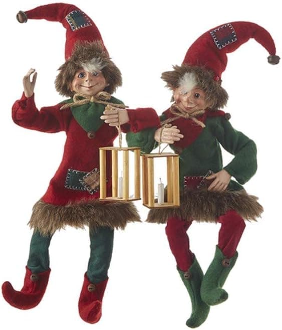 RAZ Imports 2021 to Grandmother's House We Go 16-inch Patchwork Posable Elf Figurine, Assortment of 2