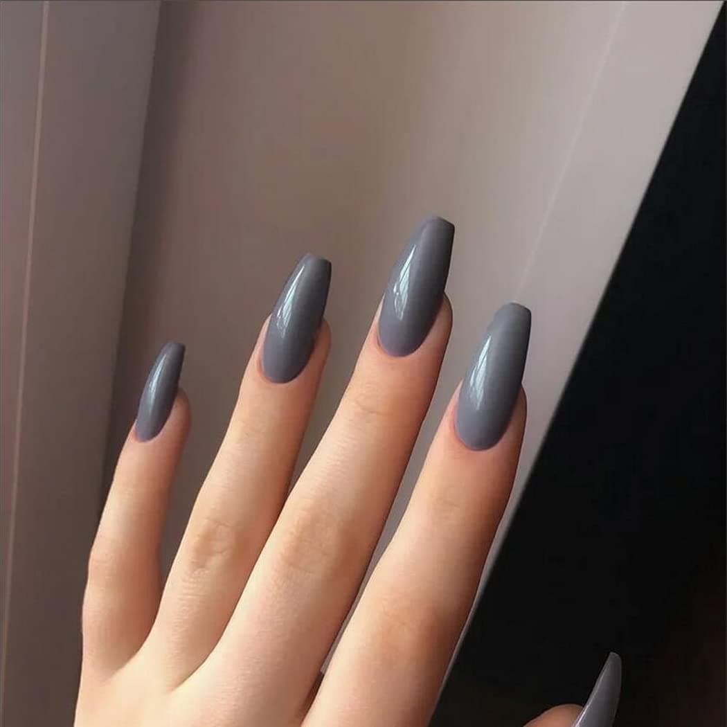 Drecode Gray Coffin False Nails Pure Color Glossy Full Cover Aryclic Long Ballernia Fake Nail Daily Party Clip Press On Nails for Women and Girls(24Pcs)(Light gray)
