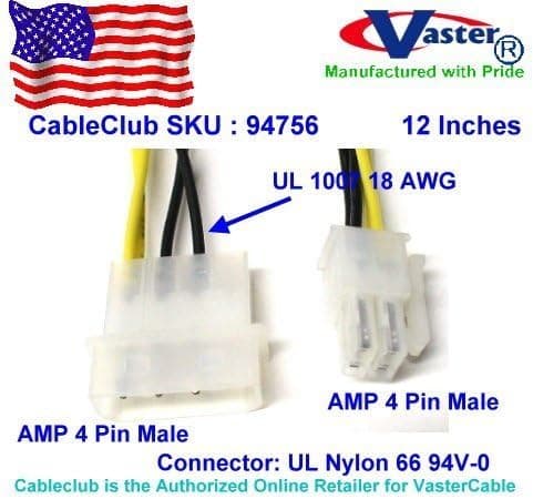 Motherboard Power Cable, 4 Pin to 4 Pin 12 Inches