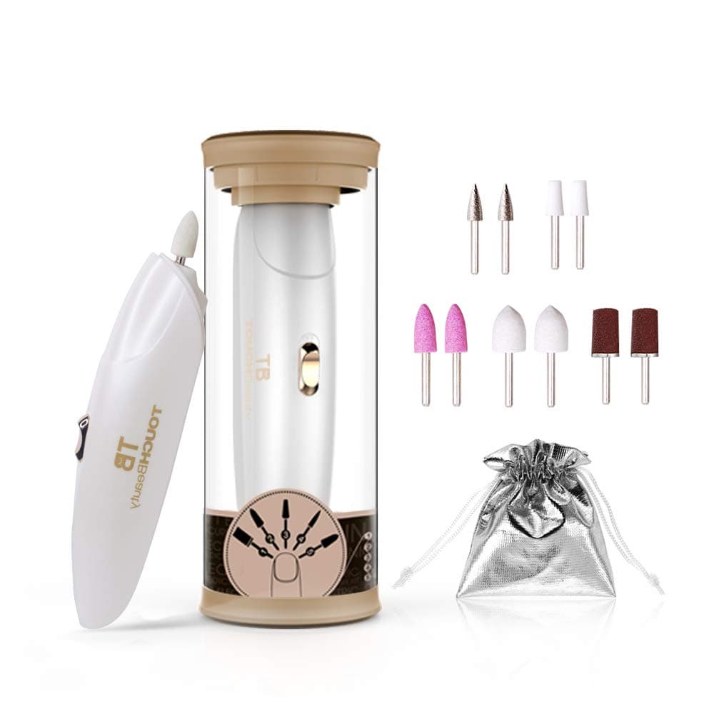 TOUCHBeauty Cordless Nail File Drill with Led Lights, 10in1 Electric Manicure Set for Women Natural Toenails Fingernails Sander Buffer Polish Battery Operated Golden