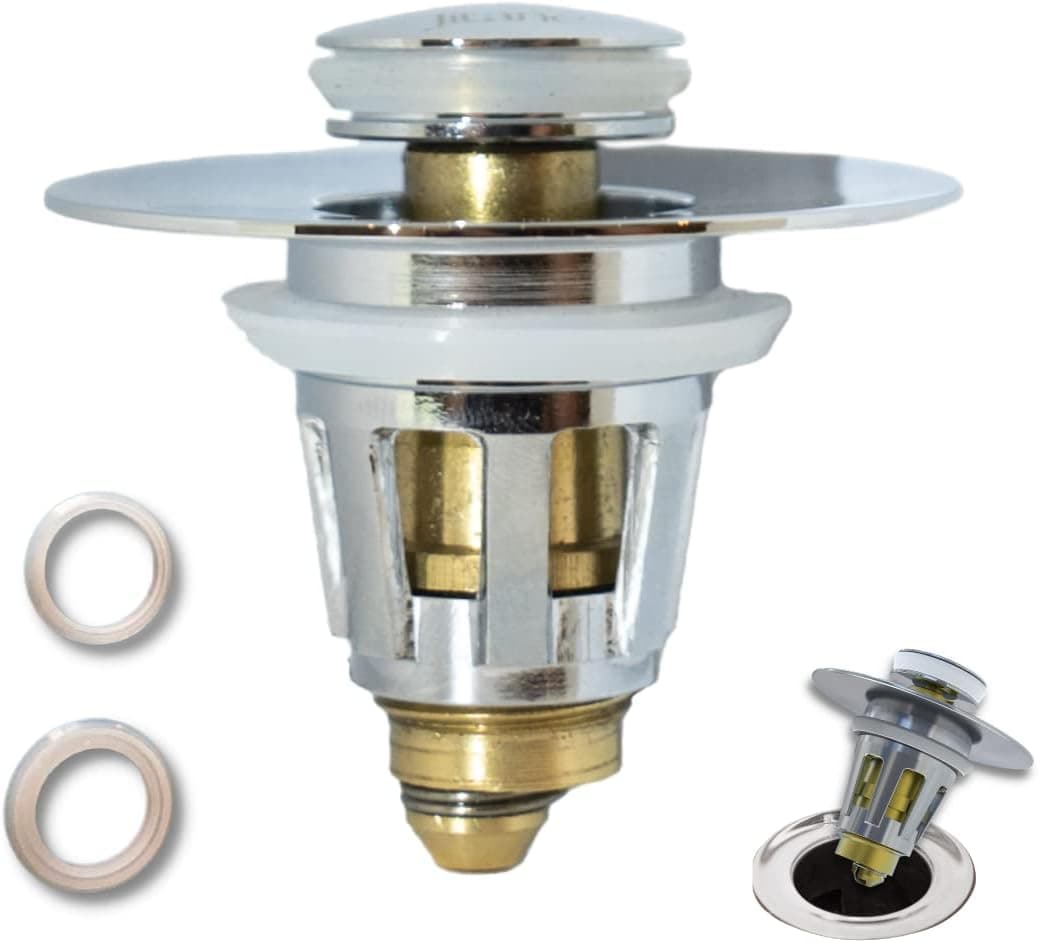 Jitane Universal Stainless Steel Sink Pop Drain 1"-1.5" - Bullet Core Push Type Drain Plug with Spring Core - Bathroom Sink Drain Plug with Strainer and Bounce Core Push Type Converter (Chrome)