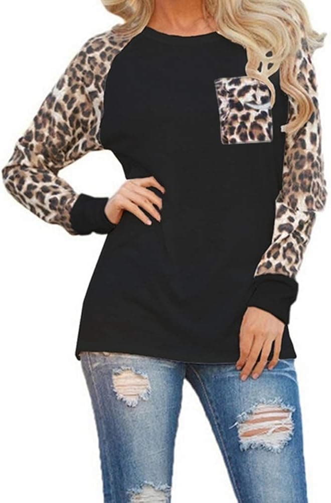 Woman Casual Tops Long Sleeve Leopard Print Patchwork Plus Size T-Shirt Blouses