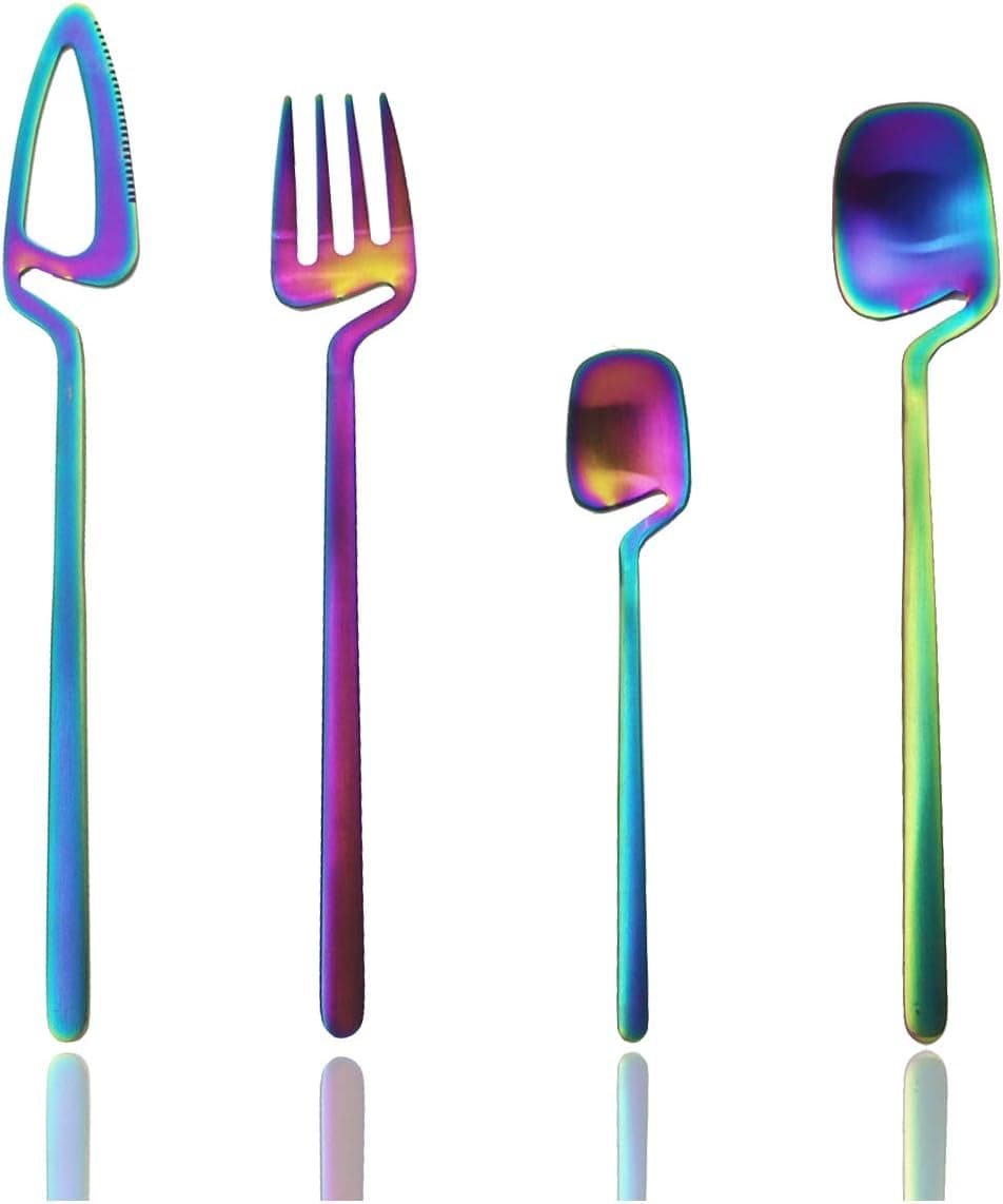 JASHII Hangable Silverware Set, Matte Rainbow Flatware Cutlery Set Service for 2, Satin Finish 8 Piece Stainless Steel Utensils Set for Home and Restaurant, Dishwasher Safe(Rainbow)