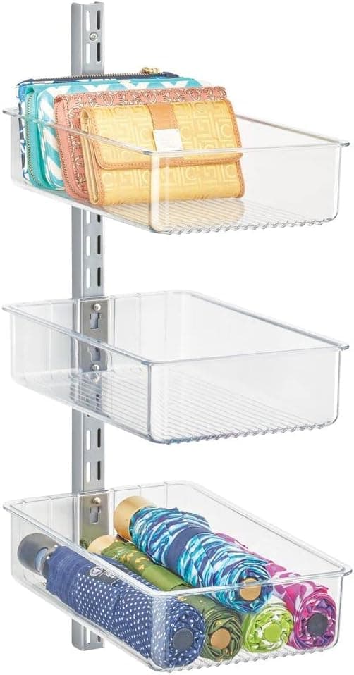 mDesign Plastic Wall Mount Bins with Metal Hanging Bar - Repositionable Bins - for Closet Storage and Organization - Holds Belts, Leggings, Shoes, Purses, Scarfs - Set of 3 - Clear