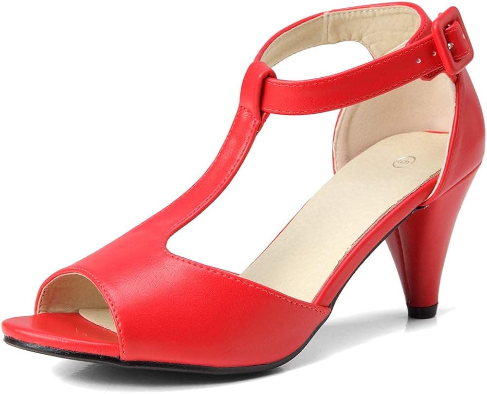 GATUXUS Women's Ankle T-Strap Kitten Mid Heel Sandals Peep Toe Mary Jane Pu Dress Pumps Shoes