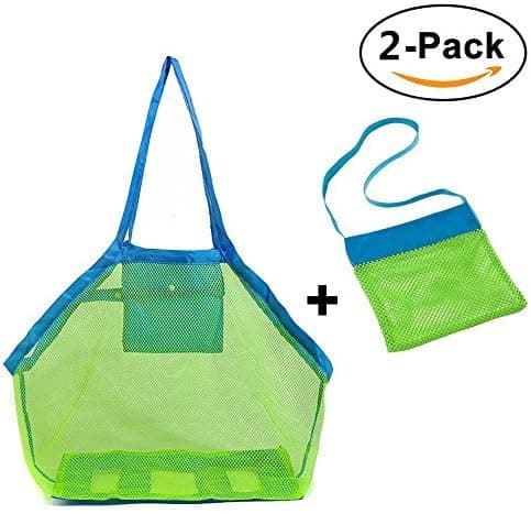 Weoxpr 2 Pack Beach Mesh Tote Bag, Mesh Bag for Beach Family Children Play, Tote Organizer Toys Storage Foldable Bag (Small + Medium)
