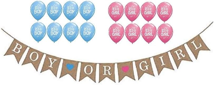 Boy or Girl Hanging Burlap Banner - Gender Reveal Baby Shower Party - Pink It's a Girl Balloons - Blue It's a Boy Balloons - Pregnancy Birth Announcement Decorations Supplies By Jolly Jon