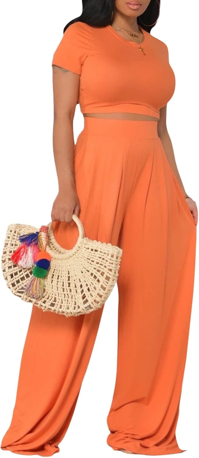 Women's Casual Summer 2 Piece Outfits Short Sleeve Crop Top Wide Leg Pants Set Jumpsuits