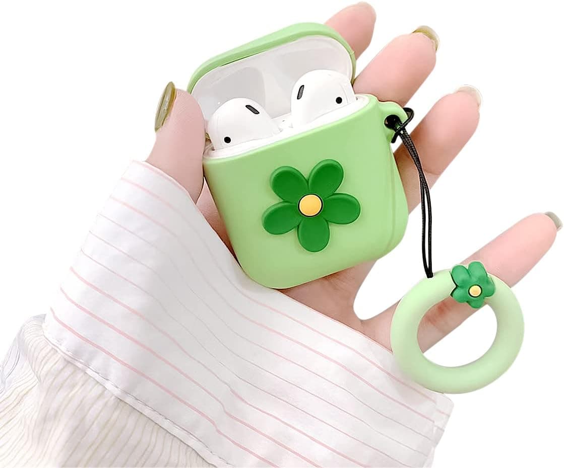 Ownest Compatible for AirPods Case Cute Cartoon Flower Pattern Girls Woman Soft Silicone Shockproof Keychain Design Cover for Airpods 1 &2-Green