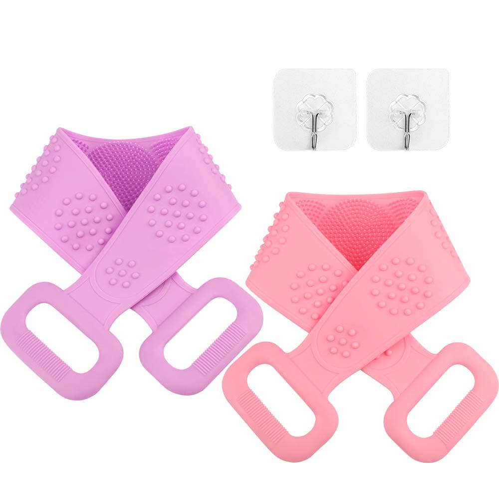 Silicone Bath Body Brush, 2 Pack Silicone Bath Scrubber Silicone Back Scrubber for Shower Exfoliating Long Double Side Silicone Body Back Scrubber for Women Men (2 Pack Pink and Purple)