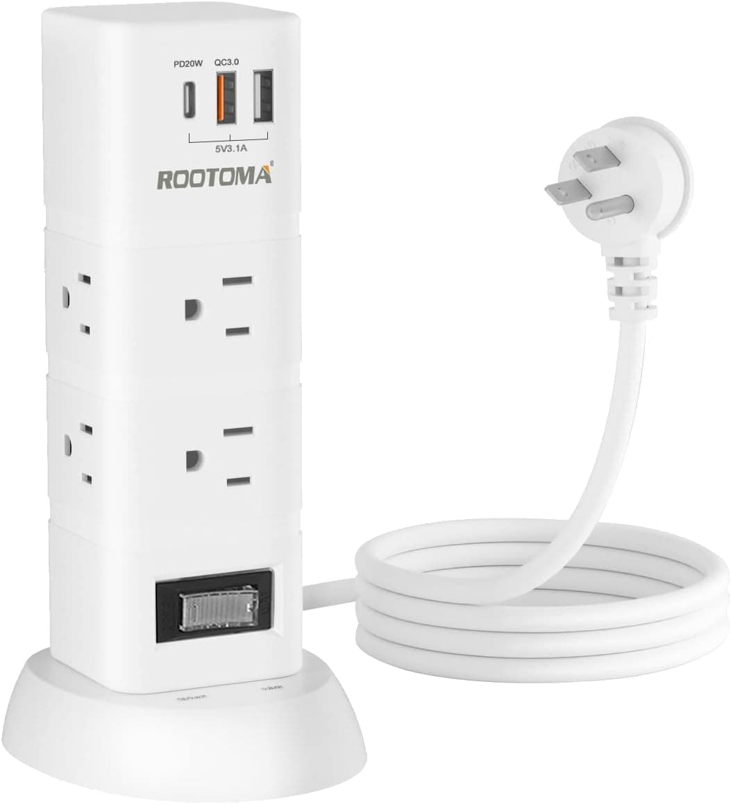 Power Strip Tower 6 Outlets with 3 USB Ports(PD20W & QC18W) Quick Desk Charging Station, 6 ft White Extension Cord, Flat Plug, Multi Plug Outlet Extender,1080 J Surge Protector for Home Office
