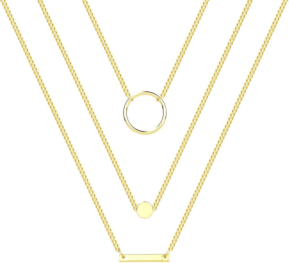 LATEEFAH Dainty Layered Choker Necklace, Handmade 14K Gold Plated Y Pendant Necklace Multilayer Bar Disc Necklace Adjustable Layering Choker Necklace
