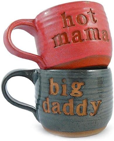 Hot Mama and Big Daddy Set of 2 Coffee Mugs, American Made Stoneware Pottery, 14 oz.