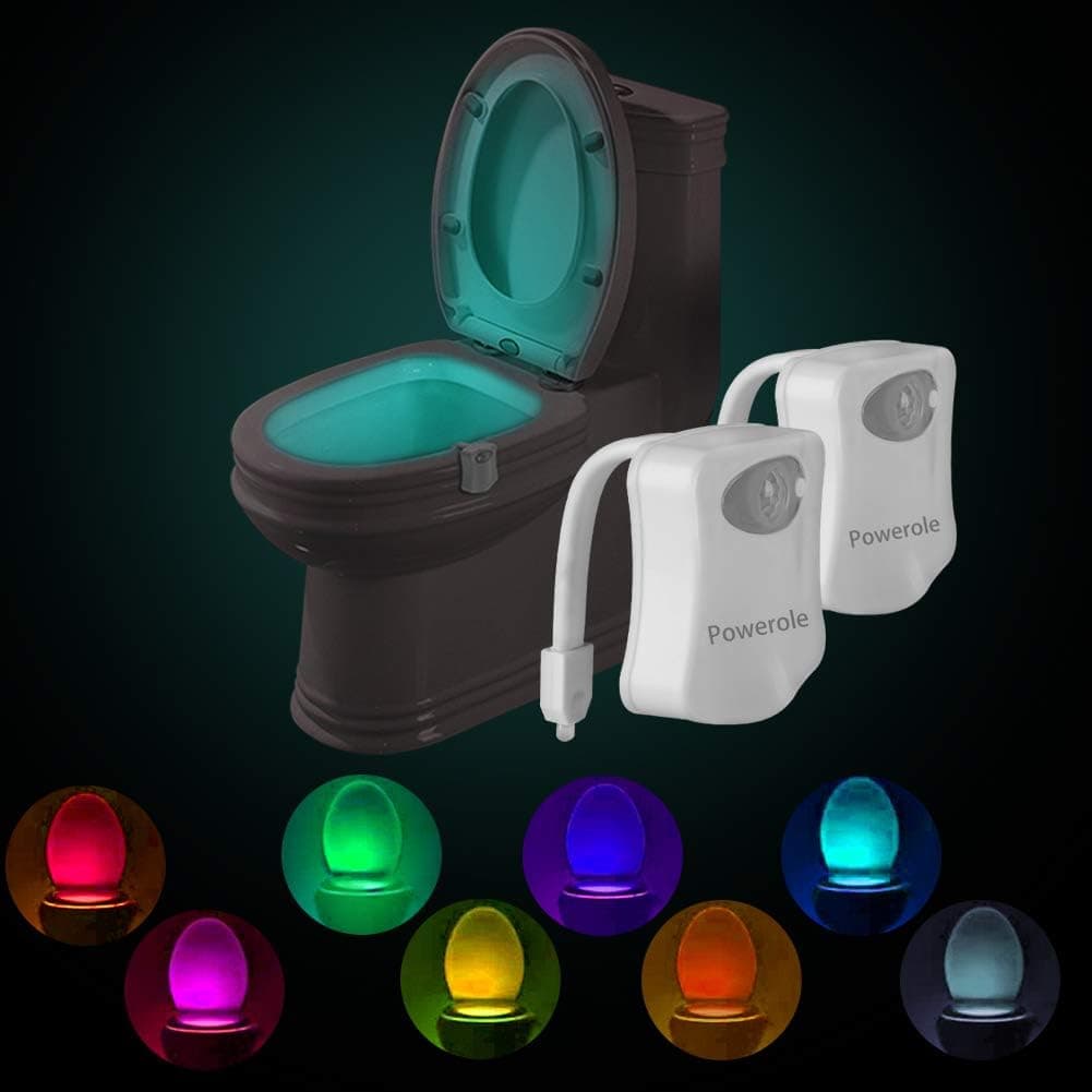 Powerole Toilet Night Light PIR Motion Activated Toilet Light Sensor LED Washroom Potty Night Light Inside Toliet Lamp 8 Colors Changing Battery Operated Motion Sensor for Bathroom Washroom