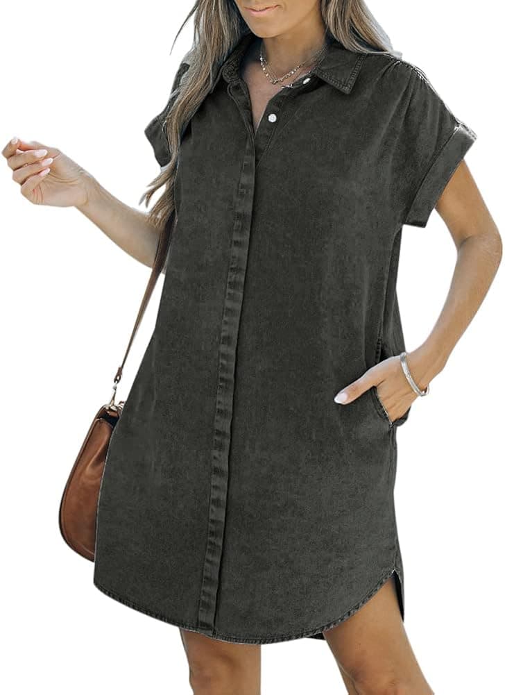 KDF Denim Shirt Dress Women - Denim Dress for Women with Pockets Denim Button Down Shirt Dresses for Women Summer 2023