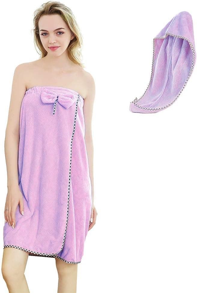 FVLFIL GUIGU Women's Body Wrap Towel and Hair Drying Towel Set Super Soft Cotton Adjustable Bath Towel Wrap(Purple-A)