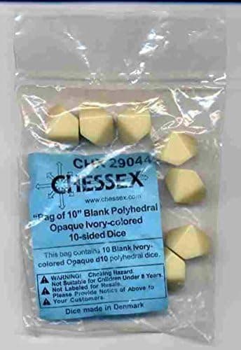 Ivory Blank D10 (10 Sided) 16mm (5/8in) Dice Set of 10 Chessex