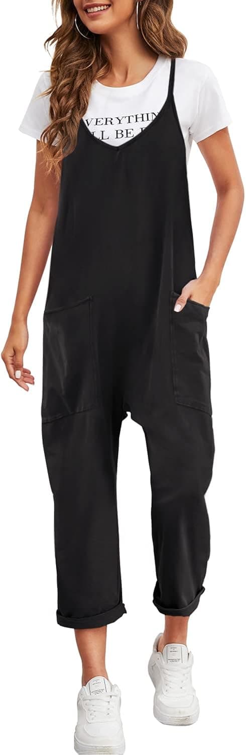 Nirovien Womens Oversized Sleeveless Jumpsuits Spaghetti Strap Loose Overalls with Pocket One Piece Rompers