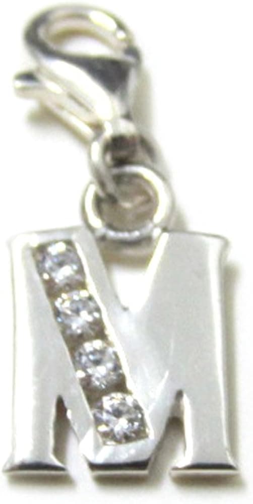 ZilverPassion Sterling Silver CZ Alphabet Letter Initial "M" Charm Pendant with Lobster Clasp Sterling Silver; Charms Bracelet, Necklace; Phone