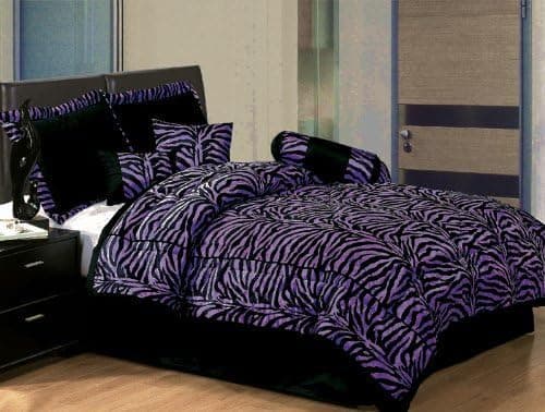 Grand Linen Twin Bedding Soft Micro Suede and Short Fur Comforter Set Black/Purple Zebra Bed-in-a-Bag