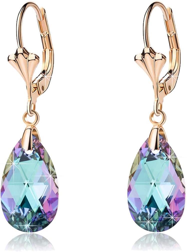 Austrian Crystal Teardrop Leverback Dangle Earrings for Women Fashion 14K Gold Plated Hypoallergenic Jewelry