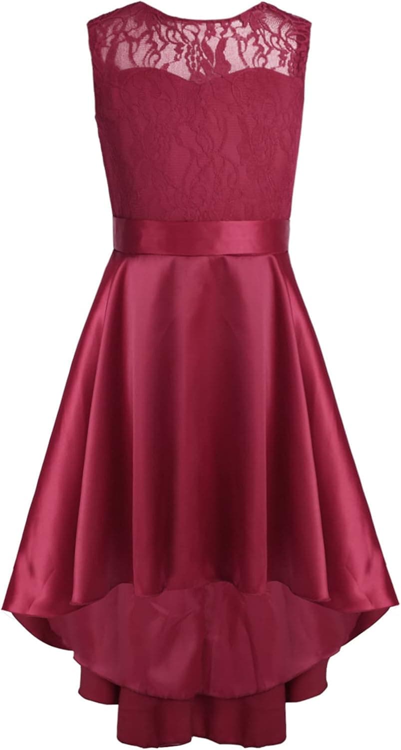 iEFiEL Girls Lace High-Low V-Back Flower Girl Dress Wedding Dance Ball Party Dress