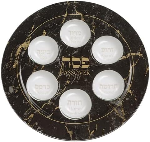 Quality Judaica Passover Glass Seder Plate with Ornate Design, Black Marble - 14"