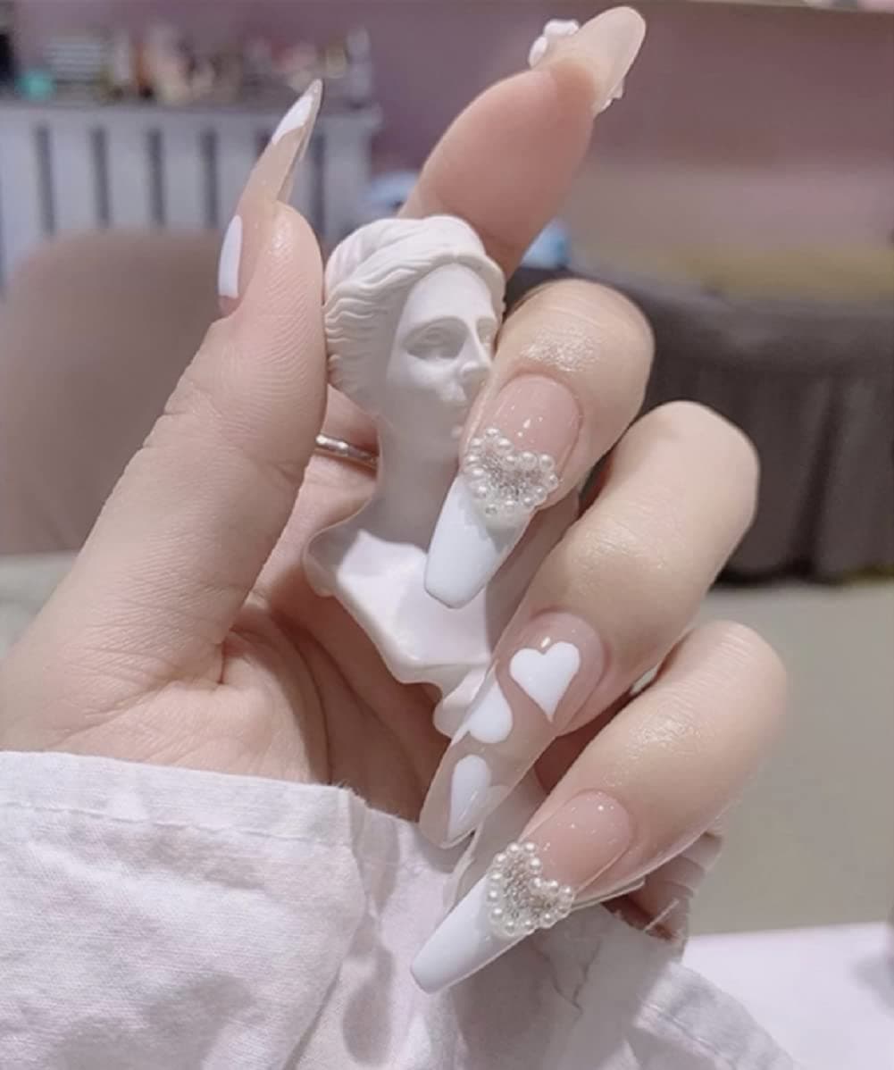 AHUADA Long Coffin Press on Nails: 24PCS White Splicing Acrylic Glue on Nails, Stick on Nails, Fake Nails with Butterfly Rhinestones, Full Cover False Nails Artificial Nail Tips for Women Girls
