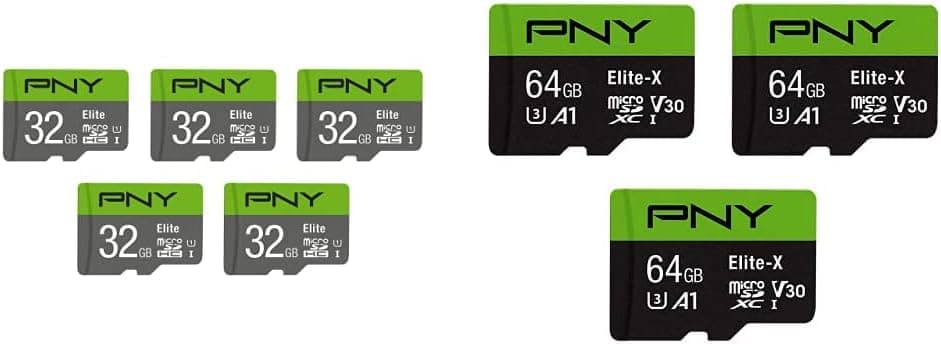 PNY 32GB Elite Class 10 U1 microSDHC Flash Memory Card 5-Pack - 100MB/s, Class 10, U1, Full HD, UHS-I, Micro SD & PNY 64GB Elite-X Class 10 U3 V30 microSDXC Flash Memory Card 3-Pack-100MB/s, Class 10
