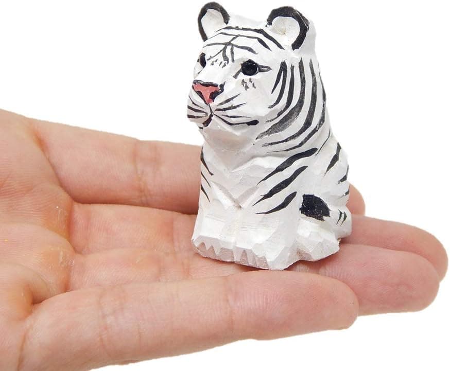Selsela White Tiger Figurine Decoration Wooden Statue Snow Bleached Albino Art Cat Bengal Striped Miniature Carved Small Animal Sculpture