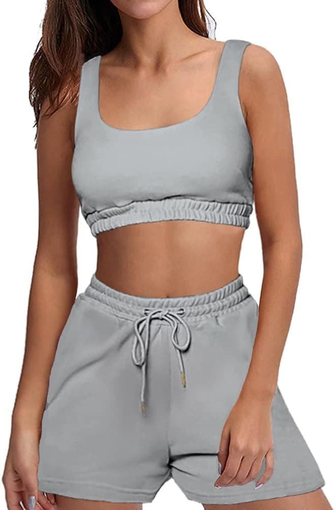 Workout Sets for Women, Two Piece Outfits Sleeveless Slim Crop Tops and Loose Shorts Casual Sweatsuits