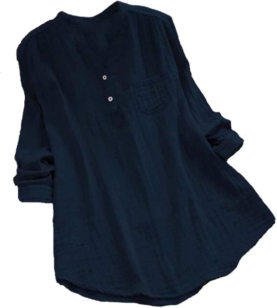 MNLYBABY Women Cotton Linen Oversized Blouse Stand Collar Long Sleeve Loose Tunic Top T-Shirt Size 4XL (Navy)