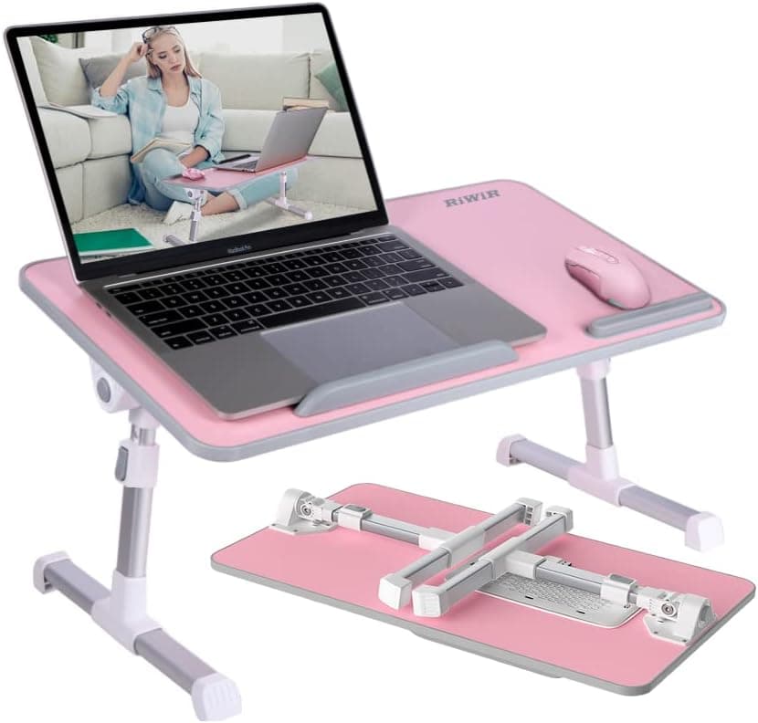 Lap Desk Pink for Bed , with Cooling Fan Folding Portable Laptop Table Sofa Adjustable Height Tilt Angle Tray Table for Student Kids Adults Work Writing (Large Size 23.6 × 13.0 in)
