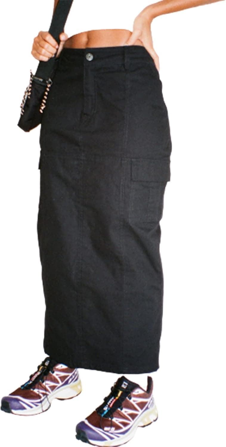 Cargo Skirt for Women with Pockets Vintage Low Rise Drawstring Long Pleated Skirt Asymmetrical Split Midi Skirt Streetwear