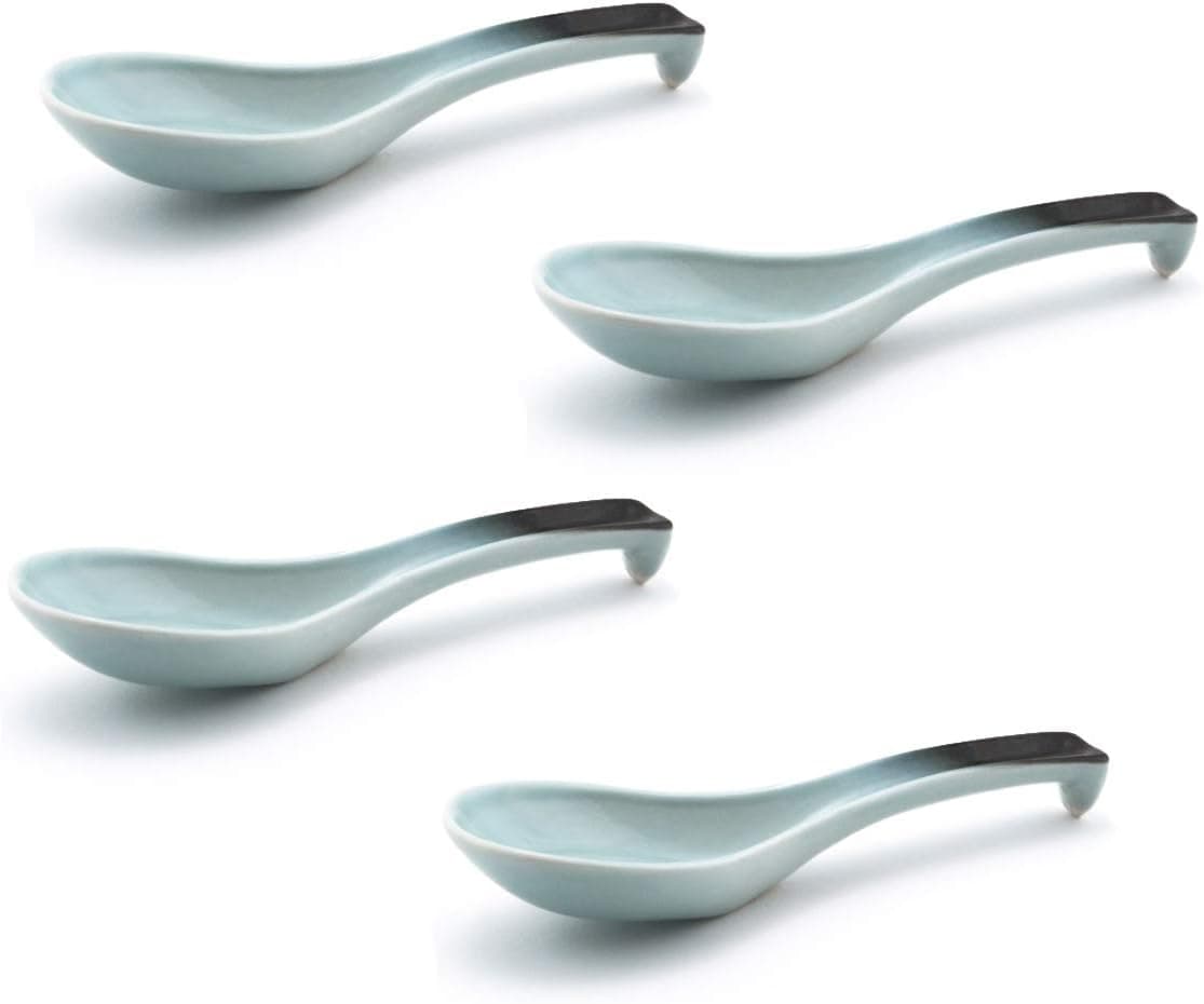Happy Sales HSSP-GYBL4, Japanese Style Chinese Ceramic Soup Spoons 4 pc, Grey Blue
