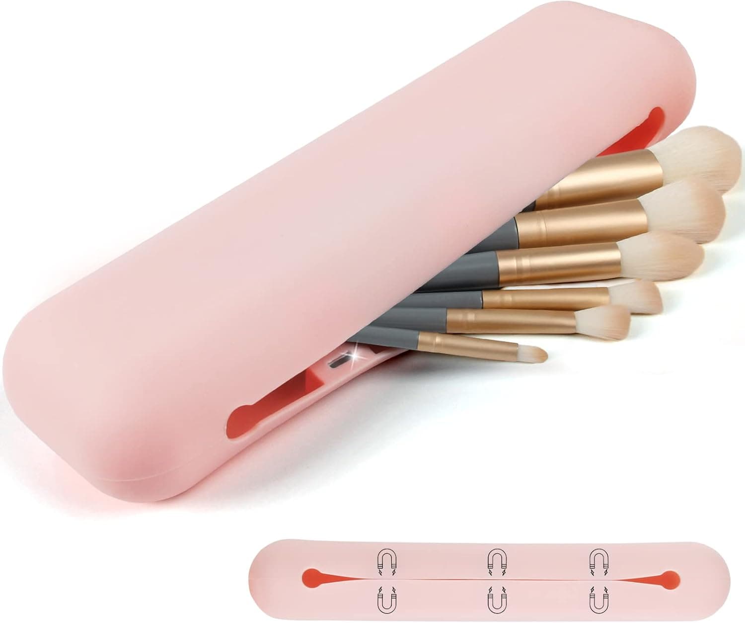 Large-capacity Travel silicone makeup brush holder, Magnetic Sealed Soft And Smooth Travel Silicone Brush Bag, Portable Silicone Makeup Brush Organizer Fashion Essential Pink