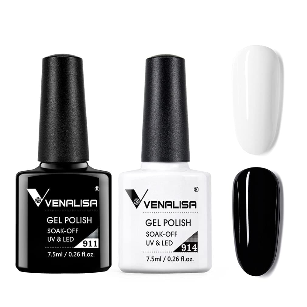 VENALISA Gel Nail Polish Kit, 2Pcs Black White Nail Gel Polish Set Soak Off UV LED Nail Art Starter Manicure Salon DIY at Home